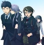  2girls androgynous bad_id bad_pixiv_id blue_eyes bow bowtie braid brown_hair carrying closed_eyes danganronpa danganronpa_kirigiri father_and_daughter glasses hair_ribbon kirigiri_jin kirigiri_kyouko long_hair multiple_boys multiple_girls okuragon piggyback purple_hair reverse_trap ribbon rico_(danganronpa) samidare_yui school_uniform short_hair 