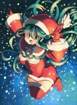  1girl :o arms_up blue_background blush borokuro breasts cleavage creatures_(company) full_body game_freak gen_4_pokemon gloves green_eyes green_hair hat highres large_breasts legs_together long_hair long_sleeves looking_at_viewer nintendo personification pokemon red_gloves red_hat red_legwear santa_hat solo tangrowth very_long_hair 