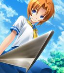  blue_eyes blue_sky cloud day game_cg hatchet highres higurashi_no_naku_koro_ni nose_hatchet official_art orange_hair rato ryuuguu_rena school_uniform serafuku short_hair sky smile solo tree weapon 