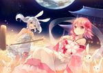  animal_ears baimi_(dong-jin_rice-hime) bare_shoulders braid bunny bunny_ears collarbone dong-jin_rice-hime dress earth flower hair_flower hair_ornament highres long_hair mallet multiple_girls night pink_hair sergestid_shrimp_in_tungkang shinia silver_hair suiji sundress white_dress xuan_ying 