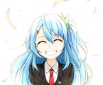  ^_^ blazer blue_hair closed_eyes collared_shirt eyebrows eyebrows_visible_through_hair grin hair_between_eyes head_tilt healther jacket long_hair necktie one_side_up original red_neckwear shirt smile solo upper_body white_background white_shirt wing_collar 