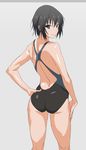  amagami ass back bad_id bad_pixiv_id black_eyes black_hair competition_swimsuit from_behind hand_on_hip hand_on_own_thigh looking_at_viewer looking_back nanasaki_ai one-piece_swimsuit shino_(comic_penguin_club) short_hair smile solo swimsuit 
