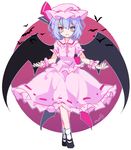  bat bat_wings black_footwear blue_hair bobby_socks commentary_request crossed_ankles frilled_shirt_collar frills full_body hat hat_ribbon looking_at_viewer mary_janes mob_cap parted_lips pink_shirt pink_skirt puffy_short_sleeves puffy_sleeves red_eyes red_ribbon remilia_scarlet ribbon shirt shoes short_hair short_sleeves signature skirt skirt_set smile socks solo standing touhou tsurime white_legwear wings wrist_cuffs yukimiya_(parupunta) 