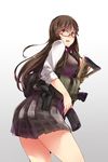  ass ayyh breasts brown_hair glasses gradient gradient_background gun handgun highres holster large_breasts long_hair looking_back miniskirt parted_lips pleated_skirt pouch red_eyes semi-rimless_eyewear skirt solo vest weapon 