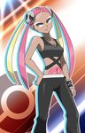  &gt;:( bare_arms black_pants blonde_hair closed_mouth collarbone crop_top daichi_hasuke eyeshadow frown hair_ornament hand_on_hip highres jewelry long_hair looking_away looking_to_the_side makeup multicolored_hair navel necklace pants pink_hair plumeri_(pokemon) poke_ball pokemon pokemon_(game) pokemon_sm quad_tails silhouette skull skull_hair_ornament solo stomach_tattoo streaked_hair tank_top tattoo team_skull v-shaped_eyebrows wristband yellow_eyes 