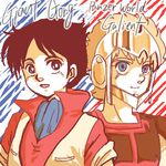  2boys artist_request black_hair blonde_hair blue_eyes copyright_name crossover giant_gorg jordy_vorder kikou-kai_galient multiple_boys yu_tagami 