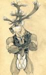  animal_genitalia anthro antlers balls bottomless cervine clothed clothing fingerless_gloves front_view frown fully_sheathed gloves horn leather looking_at_viewer male mammal monochrome necktie pencil_(artwork) pinup portrait pose reindeer sheath solo three-quarter_portrait traditional_media_(artwork) tush uhoh 