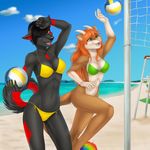 2016 action_pose anthro beach bikini black_hair breasts canine cleavage clothed clothing duo ear_piercing elvofirida fangs feline female hair holding_object horn hybrid inner_ear_fluff long_hair mammal navel on_one_leg open_mouth open_smile outside piercing red_hair seaside short_hair smile sport standing swimsuit volleyball 