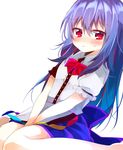 apron blue_hair blush bow buttons commentary_request frills highres hinanawi_tenshi long_hair no_hat no_headwear puffy_short_sleeves puffy_sleeves red_bow red_eyes shio_(shiojojo1) shirt short_sleeves solo touhou white_shirt 