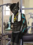  abs anthro briefs canine clothing elvofirida gym jewelry looking_at_viewer male mammal necklace smile solo standing underwear water_bottle 