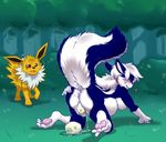  &lt;3 aggrobadger anus birth blush breasts eeveelution egg eyes_closed female grass grip jolteon nintendo nipples nude open_mouth outside pok&eacute;mon pussy raised_tail tagme trainer video_games 