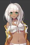  bangs bikini blunt_bangs breasts commentary_request danganronpa dark_skin dr_tyobi ganguro green_eyes jewelry long_hair looking_at_viewer medium_breasts navel necklace new_danganronpa_v3 open_mouth protected_link simple_background solo swimsuit tan white_hair yonaga_angie 