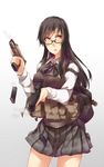  ayyh backpack bag breasts brown_hair glasses gradient gradient_background gun handgun highres large_breasts long_hair looking_to_the_side miniskirt parted_lips pleated_skirt pouch red_eyes semi-rimless_eyewear skirt solo weapon 