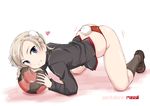  all_fours animal_ears ball bangs black_jacket black_legwear blonde_hair blue_eyes blush brown_footwear bunny_tail from_side full_body grin heart jacket loafers looking_at_viewer martina_crespi military military_uniform panties red_panties shoes short_hair smile soccer_ball socks solo strike_witches string_panties tail underwear uniform wan'yan_aguda world_witches_series 