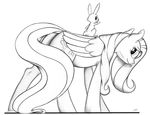  2016 absurd_res angel_(mlp) black_and_white cutie_mark duo equine feathered_wings feathers female feral fluttershy_(mlp) friendship_is_magic fur graboiidz hair hi_res lagomorph looking_at_viewer looking_back mammal monochrome my_little_pony pegasus rabbit riding wings 