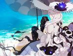  arm_support armor armored_boots bare_shoulders beach beach_umbrella black_gloves black_legwear blue_eyes boots breasts day dress flower from_behind gloves glowing glowing_eyes hair_over_one_eye hat hat_flower kantai_collection kuroduki_(pieat) large_breasts light_smile long_hair looking_at_viewer ocean seaport_summer_hime shinkaisei-kan sitting solo sun_hat sundress thigh_boots thighhighs umbrella white_dress white_hair white_hat white_skin 
