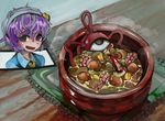  bad_food bowl carrot eyebrows food headband komeiji_satori migi_tonari mushroom napkin pink_eyes pink_hair potato soup steam sweatdrop tentacles thick_eyebrows third_eye touhou 