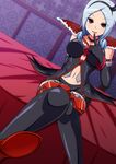  1girl aokura_shou bare_shoulders bed black_legwear blue_hair breasts collarbone eas elbow_gloves fresh_precure! gloves higashi_setsuna highres leg looking_at_viewer precure red_eyes short_hair smile solo zettai_ryouiki 