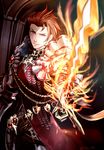  armor bad_id bad_pixiv_id belt blurry chain depth_of_field fire foreshortening granblue_fantasy k_w_r male_focus pauldrons percival_(granblue_fantasy) red_eyes red_hair smile solo sword weapon 