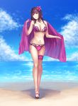  absurdres anklet beach bikini blue_sky bracelet breasts cleavage cloud cloudy_sky collarbone day fate/grand_order fate_(series) flower full_body hair_flower hair_ornament hibiscus highres horizon jewelry large_breasts legs_together long_hair looking_at_viewer nail_polish navel ocean outdoors pedicure purple_bikini purple_flower purple_hair purple_nails red_eyes sand sandals scathach_(fate)_(all) scathach_(swimsuit_assassin)_(fate) shawl sky solo sparkle standing stomach swimsuit takinashi_(friend_coffee) thigh_strap underboob water 