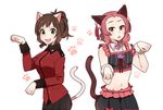  animal_ears blush brown_eyes brown_hair cat_ears cat_tail cosplay costume_switch cowboy_shot fang flower girls_und_panzer green_eyes groin idolmaster idolmaster_cinderella_girls ilhi maekawa_miku maekawa_miku_(cosplay) midriff military military_uniform multiple_girls navel over_the_collar paw_pose paw_print pink_hair raised_eyebrows rose rosehip rosehip_(cosplay) seiyuu_connection short_hair st._gloriana's_military_uniform sweatdrop tail takamori_natsumi uniform white_background 