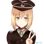  bangs blonde_hair blue_eyes erica_hartmann grey_shirt hair_between_eyes hat looking_at_viewer military military_hat military_uniform retto shirt signature simple_background smile solo strike_witches twitter_username uniform v white_background world_witches_series 