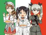  anchovy anzio_military_uniform bangs black_hair black_shirt blouse blue_panties bowl brown_eyes brown_hair choker commentary commentary_request country_connection cowboy_shot detached_sleeves dress_shirt drill_hair flag_background food fork francesca_lucchini girls_und_panzer green_eyes green_hair grey_jacket grey_pants hair_ribbon highres holding holding_food holding_pizza hoshino_banchou italian_flag italy jacket kantai_collection littorio_(kantai_collection) long_hair long_sleeves looking_at_viewer military military_uniform miniskirt multiple_girls necktie no_pants no_pupils open_mouth panties pants parted_lips pasta pizza pleated_skirt red_eyes red_skirt ribbon riding_crop risotto shirt shoulder_belt side-by-side skirt sleeveless smile spoon standing strike_witches striped striped_panties trait_connection twin_drills twintails underwear uniform white_blouse white_jacket world_witches_series 