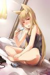  animal_ears ayyh bare_shoulders barefoot bed blonde_hair collarbone controller cushion food game_controller gamepad highres indoors long_hair popsicle red_eyes shorts sitting solo 