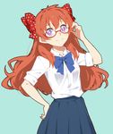  bespectacled bow gekkan_shoujo_nozaki-kun glasses hair_bow hand_on_hip long_hair orange_hair pleated_skirt polka_dot polka_dot_bow purple_eyes red-framed_eyewear rouman_academy_uniform sakura_chiyo school_uniform semi-rimless_eyewear skirt smile sola7764 solo star star-shaped_pupils symbol-shaped_pupils under-rim_eyewear 