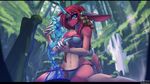  5_fingers anthro bare_shoulders black_bars blue_eyes blue_nose breasts day detailed_background ear_piercing equine eyelashes female fur hair horn iontoon looking_at_viewer mammal midriff navel outside piercing pink_fur pink_hair sitting smile solo unicorn water wide_hips 