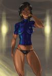  absurdres ass_visible_through_thighs black_hair black_panties breasts dark_skin eye_of_horus facial_tattoo hair_tubes highres no_pants overwatch panties pharah_(overwatch) shirt short_hair skin_tight small_breasts solo t-shirt tattoo thick_thighs thighs toned underwear ziromaru 