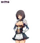  apron armor belt black_hair blush breasts breasts_outside character_name dress erika_(shadowverse) frilled_dress frills hands_on_hips looking_to_the_side medium_breasts nipples purple_eyes shadowverse short_hair shoulder_armor solo sweatdrop waero waist_apron 