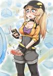  baseball_cap belt black_legwear blonde_hair blue_eyes blush breasts cellphone censored choker cleavage clothed_masturbation covered_navel cropped_jacket cum drooling ejaculation female_protagonist_(pokemon_go) fingerless_gloves futanari gloves hair_between_eyes hat heavy_breathing hun long_hair masturbation medium_breasts mosaic_censoring open_fly penis phone pokemon pokemon_go ponytail solo standing 