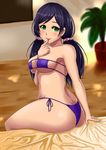  1girl ass bare_shoulders bed bikini blush breasts cleavage green_eyes large_breasts long_hair looking_at_viewer love_live! love_live!_school_idol_project low_twintails purple_bikini purple_hair scrunchie shiny shiny_hair shiny_skin smile solo swimsuit toujou_nozomi twintails yulia 
