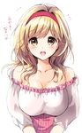  bare_shoulders blonde_hair blush breasts brown_eyes cleavage collarbone djeeta_(granblue_fantasy) granblue_fantasy hairband kurimomo large_breasts long_hair looking_at_viewer older open_mouth pink_hairband simple_background smile solo translated v_arms white_background 