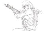  ayyh bulletproof_vest gloves greyscale gun lineart long_hair looking_to_the_side monochrome rifle safety_glasses solo vest weapon 