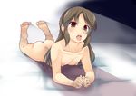 :d ass back barefoot black_eyes black_hair breasts collarbone feet fukui_sora full_body idolmaster idolmaster_cinderella_girls long_hair looking_at_viewer lying nipples nude on_stomach open_mouth small_breasts smile solo tachibana_arisu teeth the_pose tongue tongue_out 
