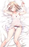  2016 armpits ayano_naoto bare_shoulders bed_sheet black_eyes blonde_hair blush body_blush cameltoe camisole dated eyebrows eyebrows_visible_through_hair flat_chest frilled_panties frilled_pillow frills girls_und_panzer highres katyusha looking_at_viewer lying navel off_shoulder on_back one_eye_closed panties parted_lips pillow see-through shiny shiny_skin short_hair signature sleeveless solo strap_slip underwear white white_panties 