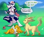  aggrobadger bag balls comic eeveelution english_text female jolteon leafeon lying male nintendo open_mouth outside pok&eacute;ball pok&eacute;mon raised_tail standing tagme text tongue tongue_out video_games 