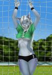  anthro breasts clothed clothing elvofirida feline female hands_above_head looking_at_viewer mammal smile solo standing under_boob 