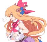  :d armpit_peek bare_shoulders blue_ribbon blush bow bowtie commentary_request eighth_note fang from_side hair_bow horn_ribbon horns ibuki_suika long_hair looking_at_viewer musical_note open_mouth orange_eyes orange_hair profile purple_skirt red_bow red_neckwear ribbon shirt sideways_mouth signature skirt sleeveless sleeveless_shirt smile solo speech_bubble spoken_musical_note touhou upper_body very_long_hair white_shirt wrist_cuffs yukimiya_(parupunta) 