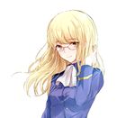  adjusting_hair ascot blonde_hair glasses long_hair long_sleeves looking_at_viewer military military_uniform perrine_h_clostermann retto simple_background smile solo strike_witches uniform white_background wind world_witches_series yellow_eyes 
