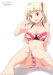  bangs barefoot bikini blonde_hair blush breasts cleavage kichihachi large_breasts long_hair looking_at_viewer open_mouth red_eyes sitting smile solo swimsuit tokyo_7th_sisters twitter_username two_side_up uesugi_u_kyouko 
