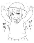  1girl arms_up child eyebrows hat kindergarten_uniform long_hair looking_at_viewer monochrome open_mouth original solo uniform upper_body white_background yurarin 