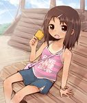  1girl bag child cloud day eyebrows food hair_ornament hairclip ice_cream looking_at_viewer open_mouth original outdoors shiny shiny_hair sitting skirt sky solo tan tanline yurarin 