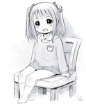  1girl bow chair child eyebrows eyelashes hair_bow hair_ornament kindergarten_uniform long_hair looking_at_viewer monochrome open_mouth original shiny shiny_skin sitting socks solo twintails uniform yurarin 