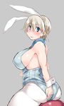  1girl animal_ears ass bare_shoulders blonde_hair blue_eyes blush brave_witches breasts bunny_ears bunnysuit kuronyan large_breasts leotard looking_at_viewer looking_back nikka_edvardine_katajainen open_mouth pantyhose short_hair sideboob solo strike_witches white_legwear white_pantyhose wrist_cuffs 