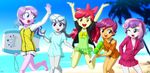 5girls apple_bloom bodyboard diamond_tiara glasses multiple_girls my_little_pony my_little_pony_equestria_girls my_little_pony_friendship_is_magic personification scootaloo silver_spoon sweetie_belle swimsuit swimsuit_under_clothes tagme uotapo water_gun 
