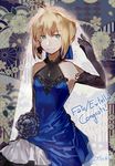  ahoge artoria_pendragon_(all) bare_shoulders black_gloves blonde_hair blue_dress blue_ribbon bridal_veil congratulations copyright_name dress elbow_gloves fate/extella fate/extra fate_(series) flat_chest gloves green_eyes hair_ribbon lace lace-trimmed_gloves ribbon saber solo tthal veil 