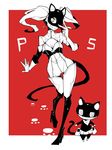  :&lt; animal_ears belt boots breasts cat cat_ears cat_paws cat_tail cleavage dowman_sayman gloves high_heel_boots high_heels looking_at_viewer mask medium_breasts morgana_(persona_5) paws persona persona_5 smile tail takamaki_anne twintails zipper 